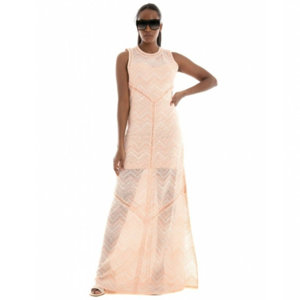GUESS | Maxi Light  Salmon Backless Side Slit Macramè Janet Dress (Size L)